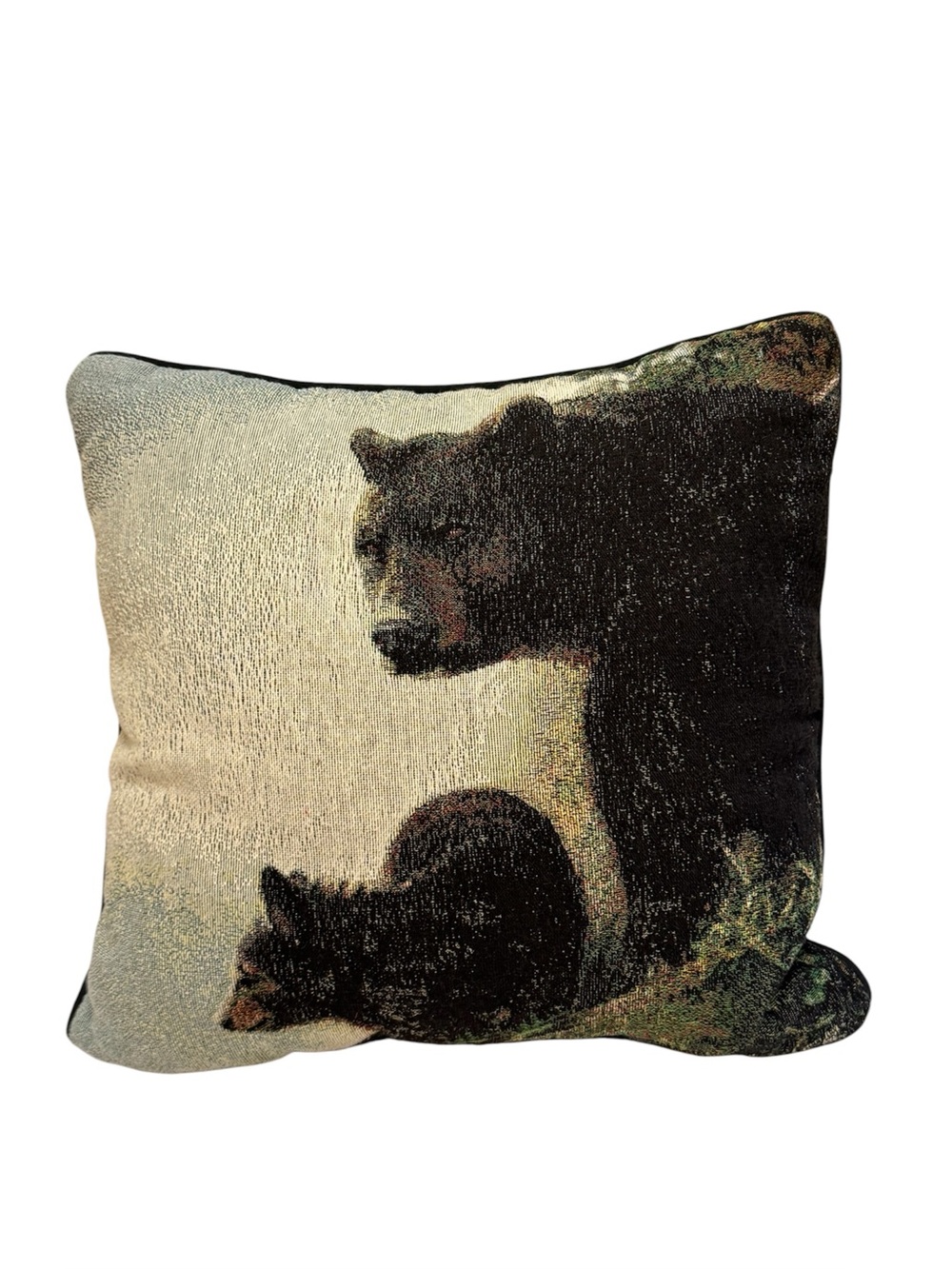 Nancy Glazier Misty Morning Black Bear Cub Lodge Cabin Vintage Tapestry Pillow